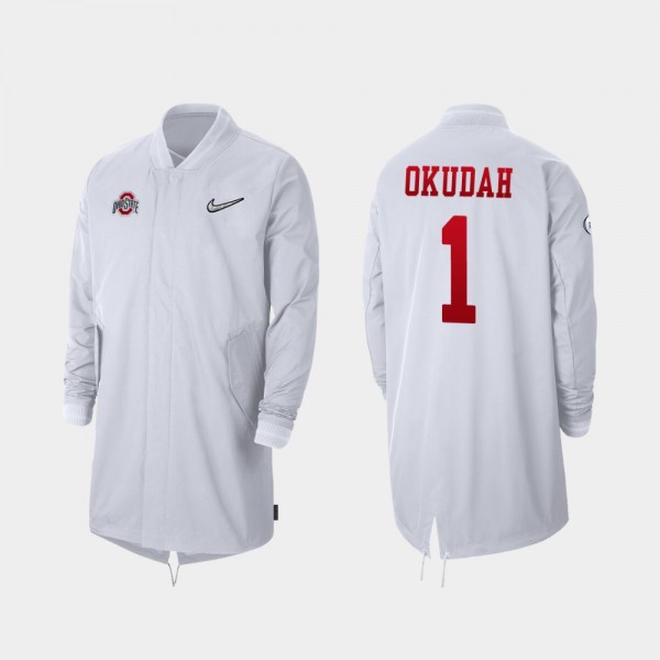 Ohio State Buckeyes Jeff Okudah Men's #1 Sideline 2019 Full-Zip White Playoff Bound College Football Jacket 2404RSEW8